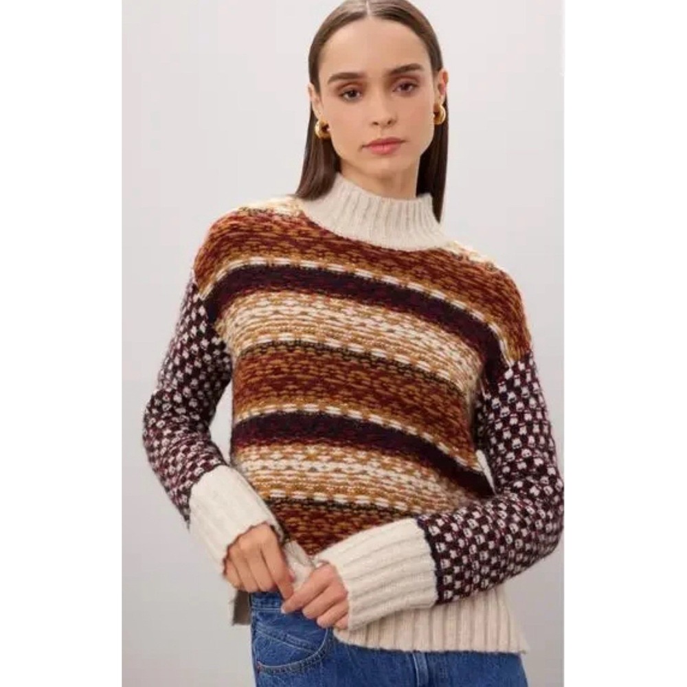 Veronica Beard Multi-Color Striped V-Neck Sweater in Cream, Brown, Black